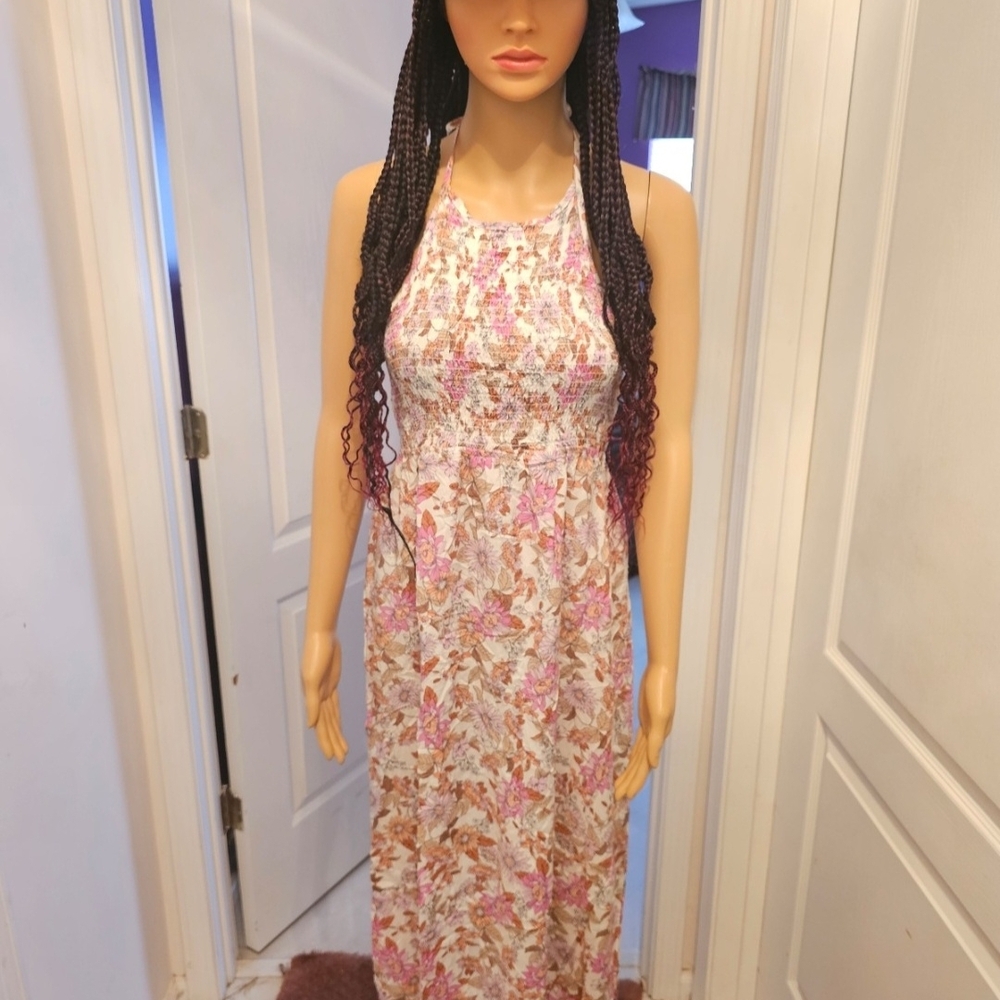 Floral Halter Maxi Dress in Pink and Cream